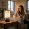 Žena sjedi na kauču i dodiruje personaliziranu stolnu lampu s fotografijom na drvenom stoliću u dnevnom boravku – 3Dprintum