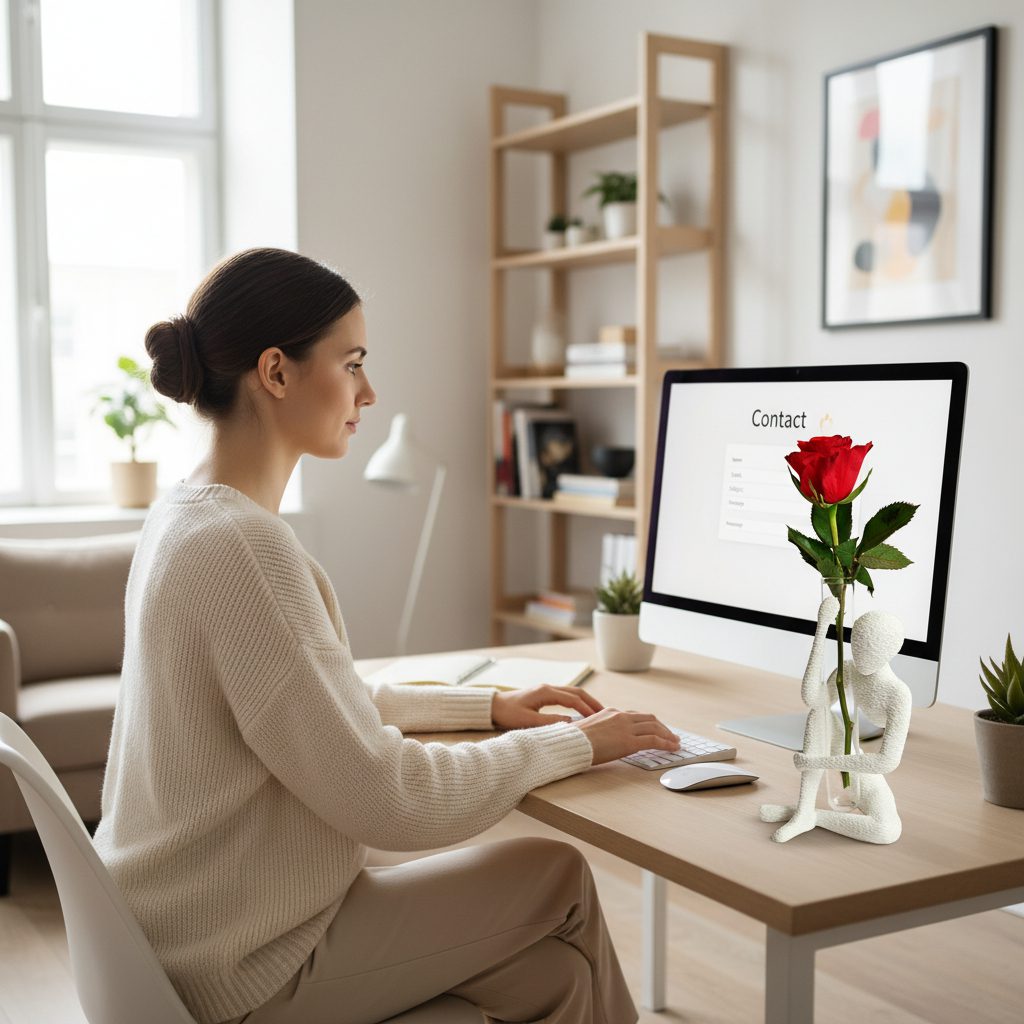 žena sjedi za kopjuterom i tipka 3d printum